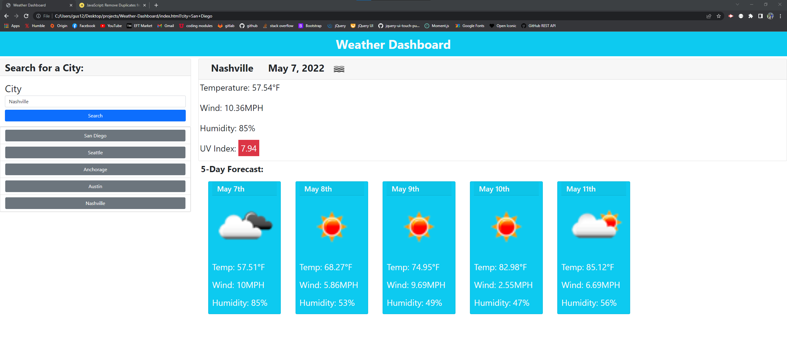 Weather Dashboard enabling users to interact seeing weather for the next 5 days anywhere within the API