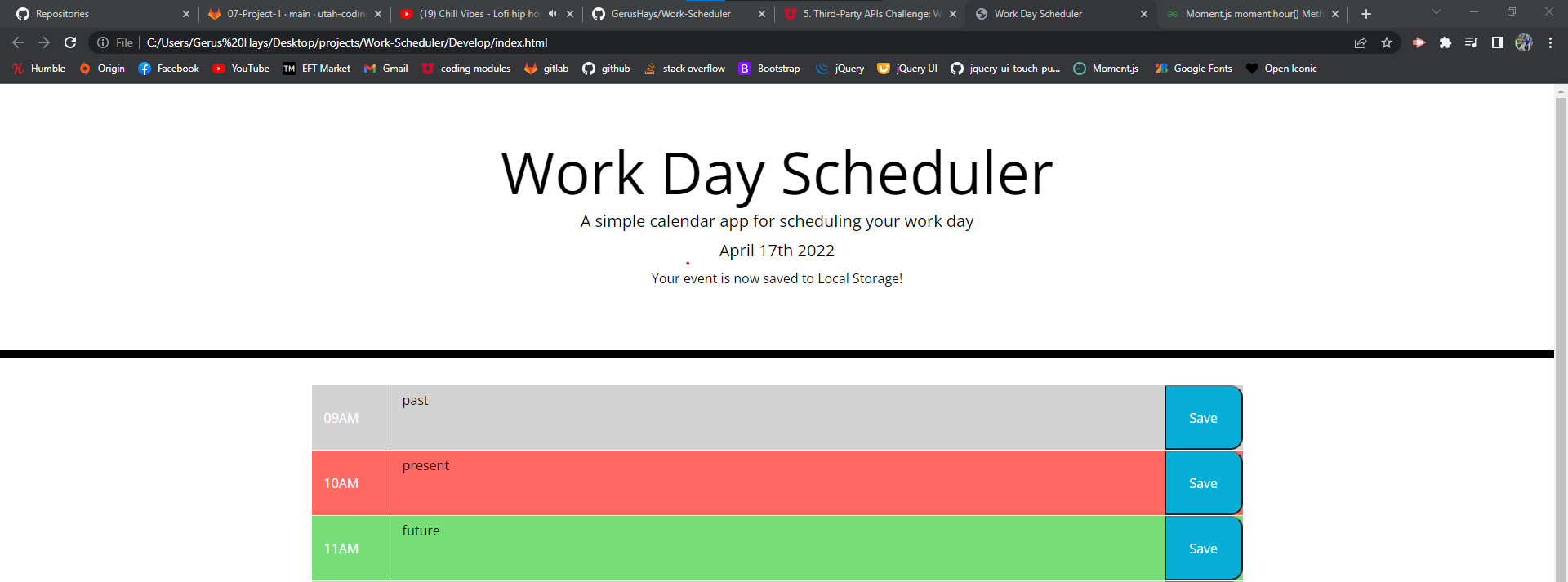 A calendar built from 0900-1700 enabling users to add notes and changing colors based on the time of the day.